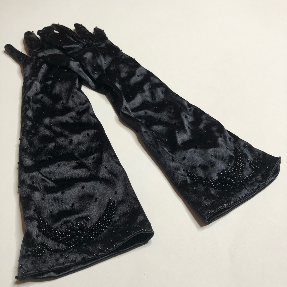 Vintage Black Long Gloves Beaded Opera 80s 90s - Picture 3 of 8